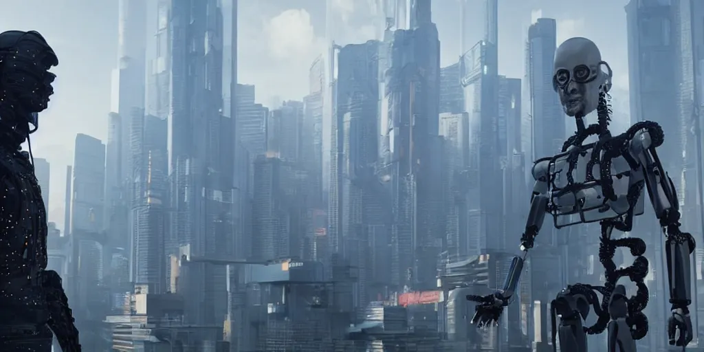 Image similar to cyberpunk buff old man stand-off with Deadcode humanoid robot on a rooftop by Roger Deakins