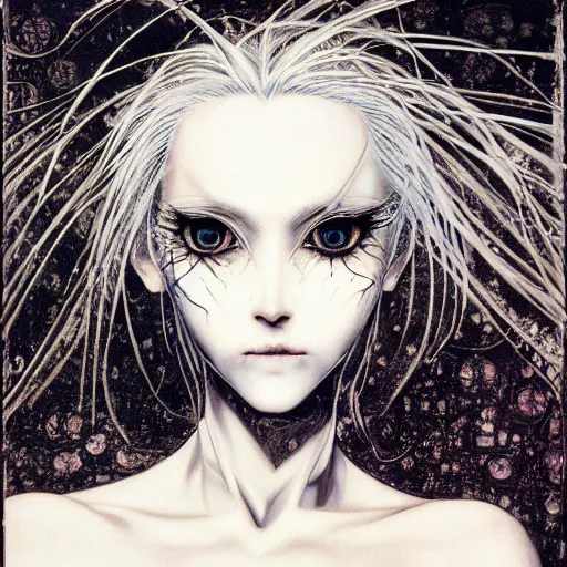 Image similar to Yoshitaka Amano realistic illustration of an anime girl with white hair and cracks on her face wearing dress suit with tie fluttering in the wind, abstract black and white patterns on the background, noisy film grain effect, highly detailed, Renaissance oil painting, weird portrait angle