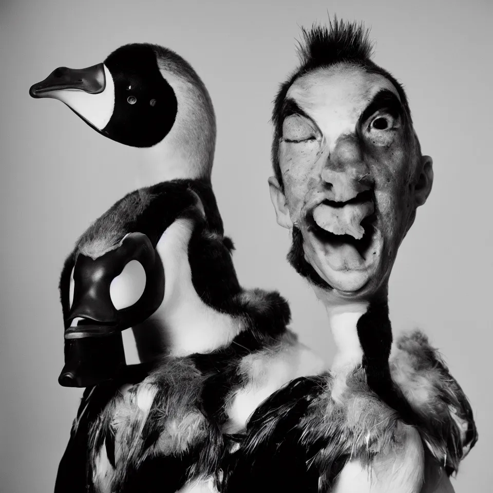 Image similar to a black and white studio portrait of a humanoid duck punk rocker, studio lighting, tri - x