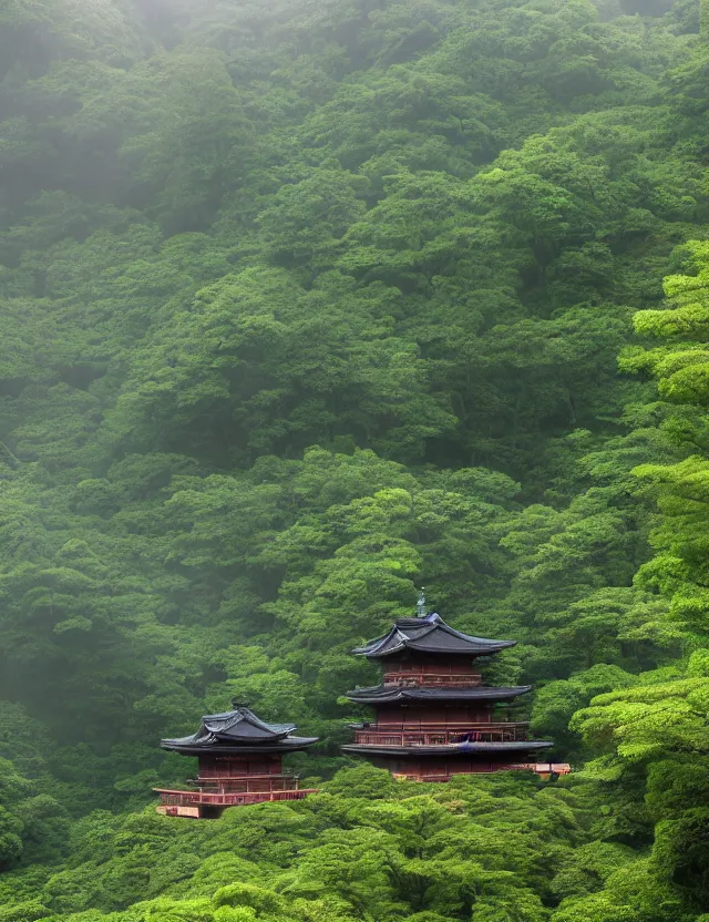 Image similar to a cinematic photo of an ancient japanese hot springs temple on the top of a mountain in a misty bamboo cloud forest