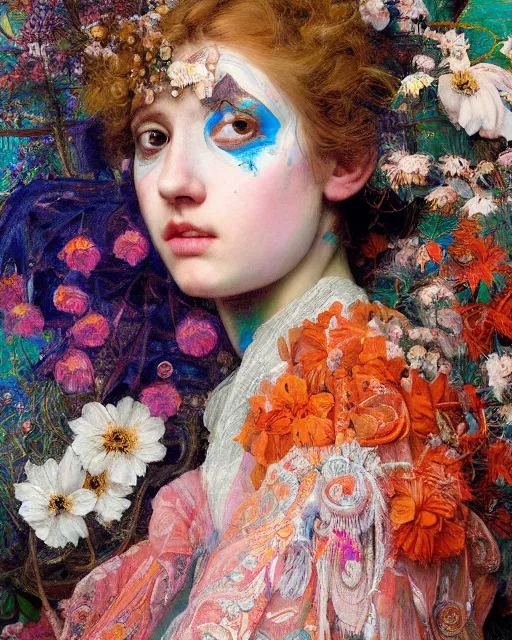 Image similar to a beautiful girl wearing colourful face paint surrounded by bright intricate patterns, by edgar maxence and caravaggio and michael whelan, intricate painting, hyper realistic, extremely detailed and beautiful aesthetic face, 8 k resolution