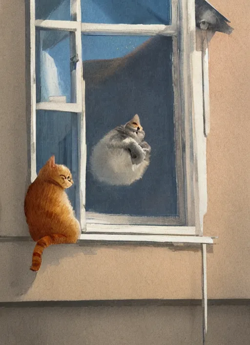 Prompt: cute cat sitting straigh in window of motel room, illustrated by james warhola and greg rutkowski