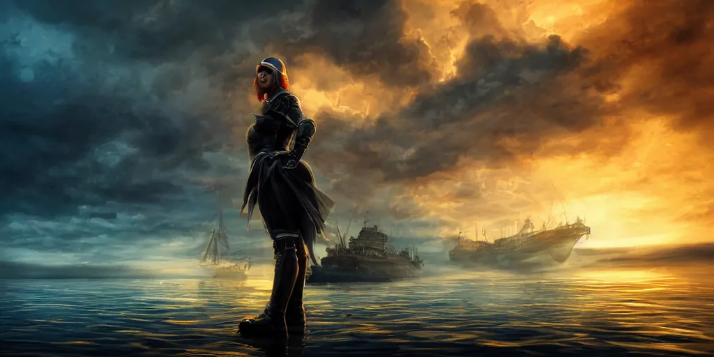 Prompt: epic medieval woman ship pilot standing at the bow of a ship at sea from behind, dramatic dark glowing golden neon sunset with thick wall of storm clouds and turbulant seas, dynamic lighting, hyperrealistic, hd 4 k, artstation