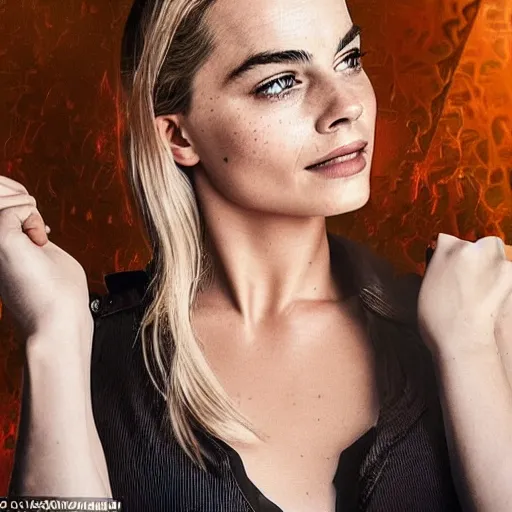 Image similar to a woman who is a genetic combination of margot robbie and emma watson face and upper - body focus