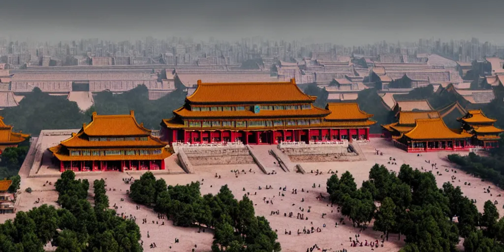 Image similar to a very high resolution image from a new movie, super fantasy shape of cyberpunk building and forbidden city, front view, photorealistic, photography, directed by wes anderson