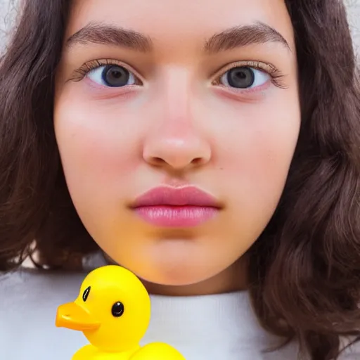 Image similar to a cute girl model, close up image, staring directly into camera, surrounded by yellow rubber ducks, photorealistic, hyper - detailed, studio lighting, shot on iphone 1 3 pro,