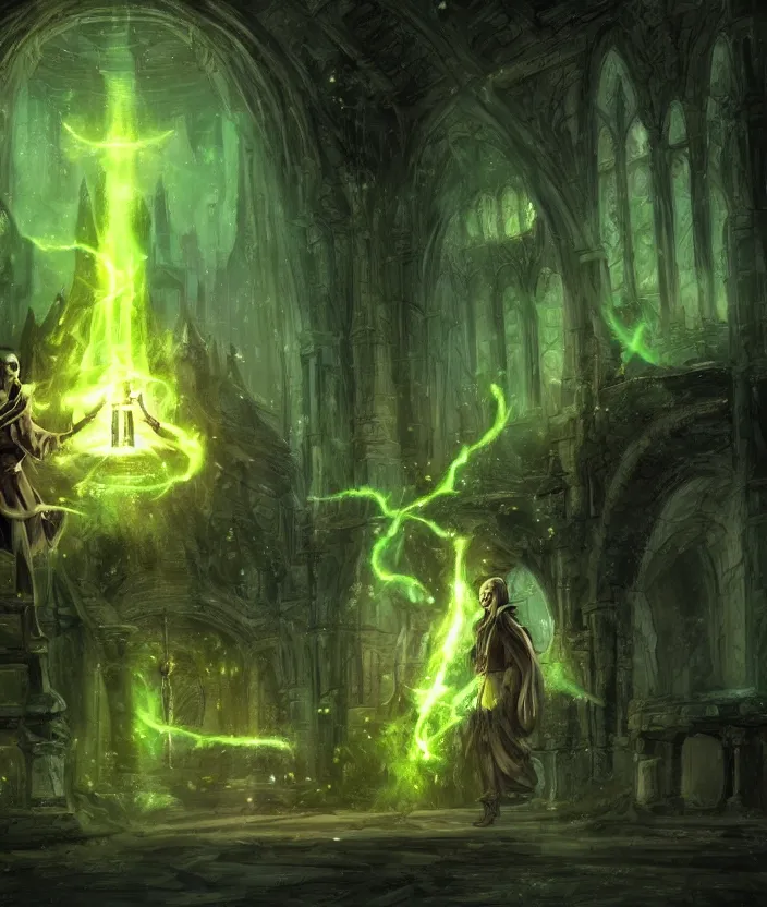 Image similar to a concept art of a wizard in his castle discovering a magic scroll that gives eternal life, atmospheric magic dark scene with green fires in the lights, a big door in the background