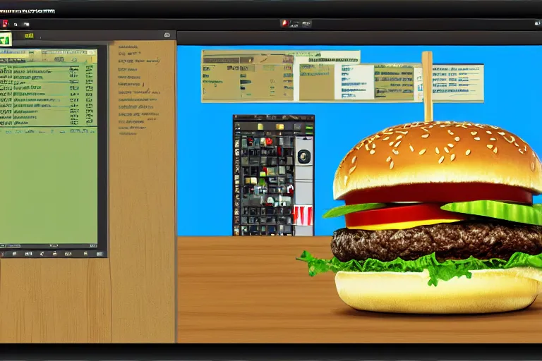 Image similar to hamburger themed gnu / linux desktop environment, linux mint, in 1 9 9 5, y 2 k cybercore, desktop screenshot