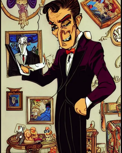 Image similar to villainous smug male antagonist in suit, fancy apartment, artwork by ralph bakshi