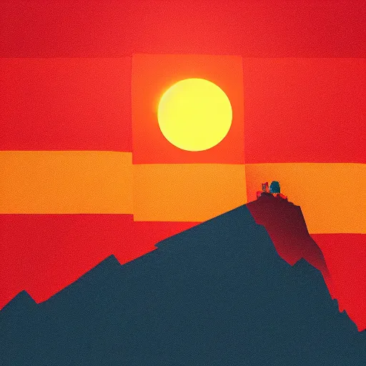 Image similar to a plastic lego toy standing with Soviet flag on a mountain against the sunset, by Alena Aenami