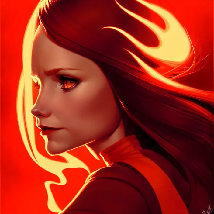 Prompt: style artgerm, joshua middleton, diego fazio, beautiful kristen bell with dark red dress, very long orange hair, symmetrical face, symmetrical eyes, fire powers fire swirling, detailed, volcano setting, cinematic lighting