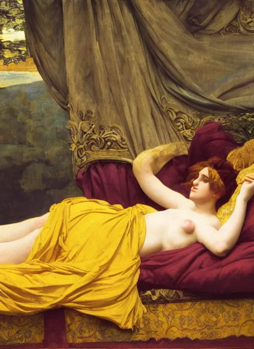 Prompt: masterpiece hybrid portrait of hybrid of sarah siddons and lisa minelli, reclining on bed, flowing cloth floating in the wind, wearing yellow ochre ornate medieval dress, vertical, foreshortening, colour photography by frederic leighton, william morris, 8 k