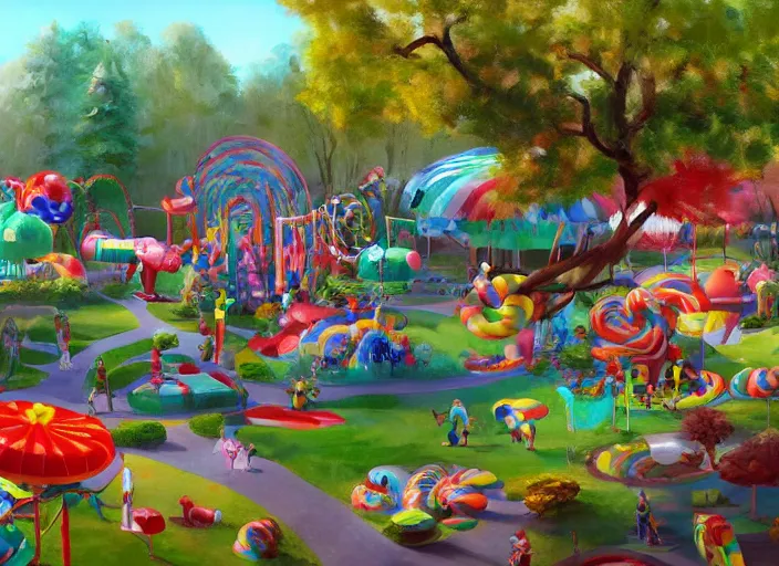 Image similar to candy zoo park for a game candy themed, top angle, oil painting by jama jurabaev, extremely detailed, brush hard, artstation, for aaa game, high quality, brush stroke