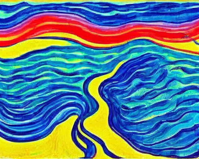 Image similar to Ocean waves in a psychedelic dream world. DMT. Curving rivers. Landscape painting by Edvard Munch. David Hockney. Peter Max.