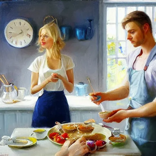 Image similar to Swedish blonde wife making breakfast to her husband, painting by Vladimir Volegov,