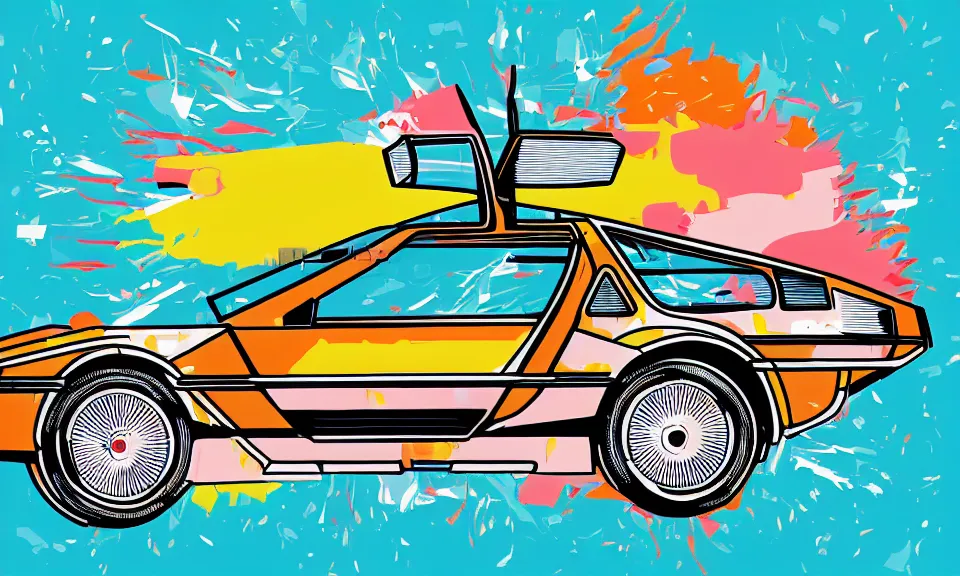 Prompt: pop art illustration of a delorean, abstract, adobe illustrator