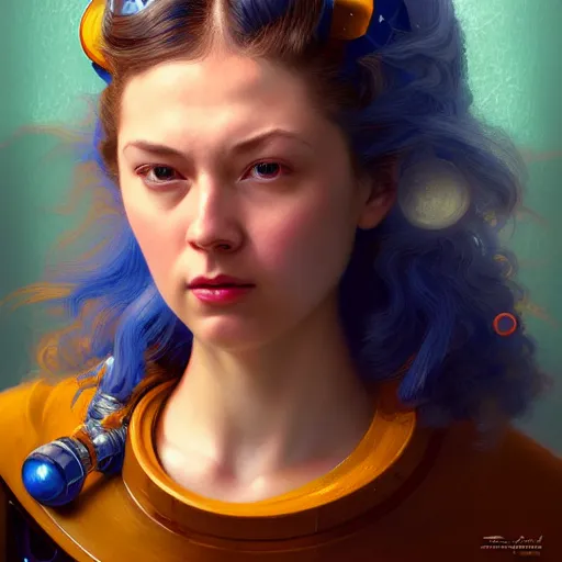 Image similar to head and shoulders portrait of a female Megaman hyperrealistic, digital illustration, dark fantasy, medium shot, intricate, elegant, highly detailed, digital painting, volumetric light, artstation, concept art, smooth, sharp focus, illustration by Sachin Teng, armor by Donato Giancola, face by Gil Elvgren, paintstrokes by Greg Manchess, background by Alphonse Mucha