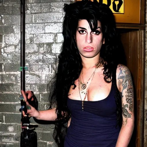 Image similar to amy winehouse in front of club 2 7 at night,