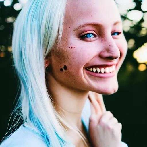 Image similar to beautiful selfie of a cute thin young woman smiling smugly, long light platinum blonde hair, flushed face, small heart - shaped face, cute freckles, light blue eyes, golden hour, 8 k, instagram