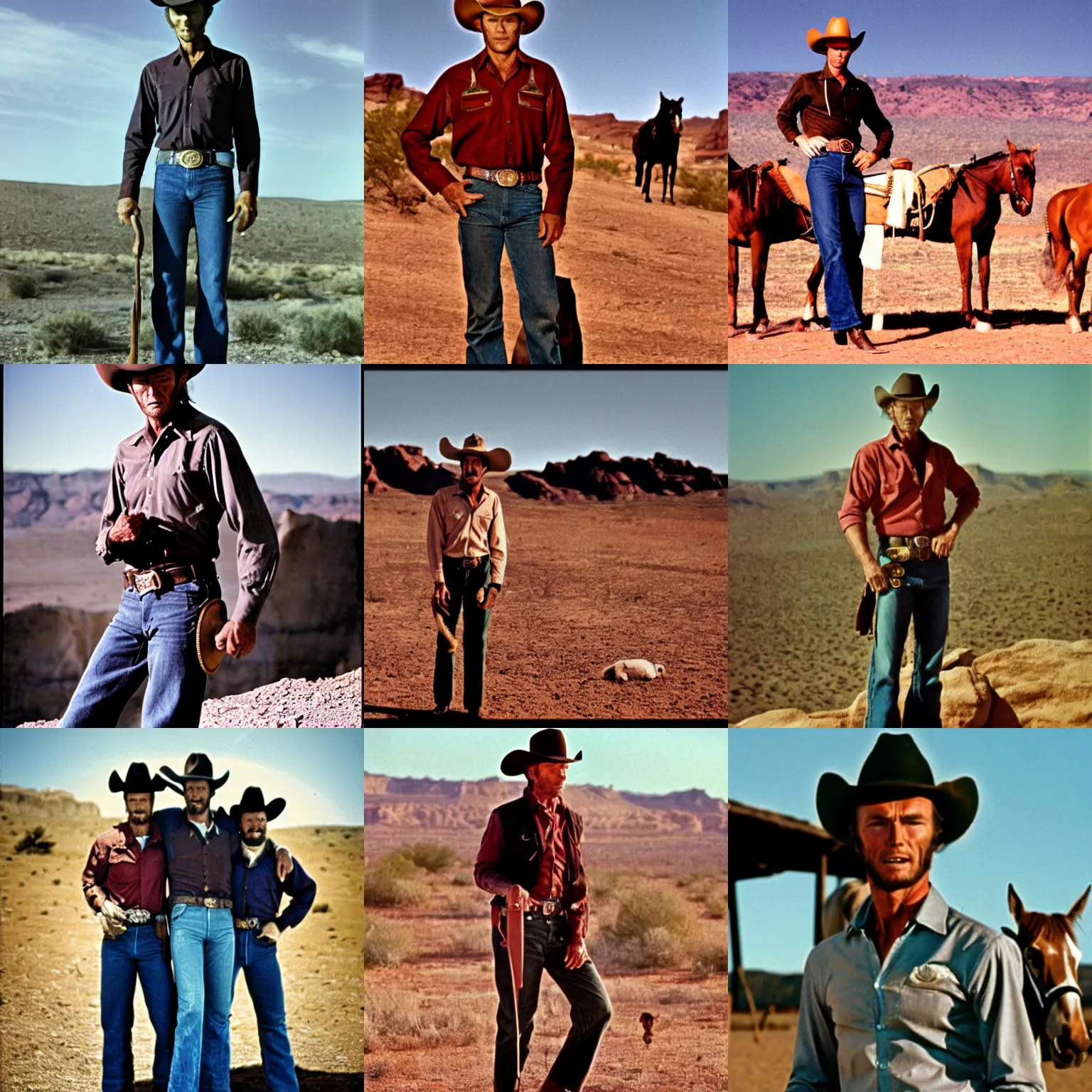 Prompt: still in color from 1 9 6 9 of clint eastwood as a cowboy, standing with hands on colts. desert in the background. cinematic, 5 0 mm lens