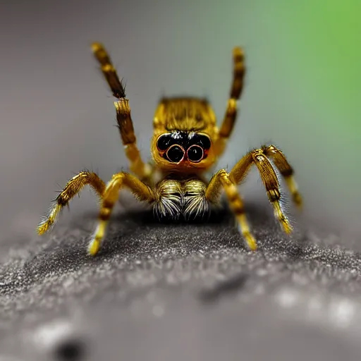 Image similar to a jumping spider using computer small keyboard, by pixar, macro lens, iridescent, montage