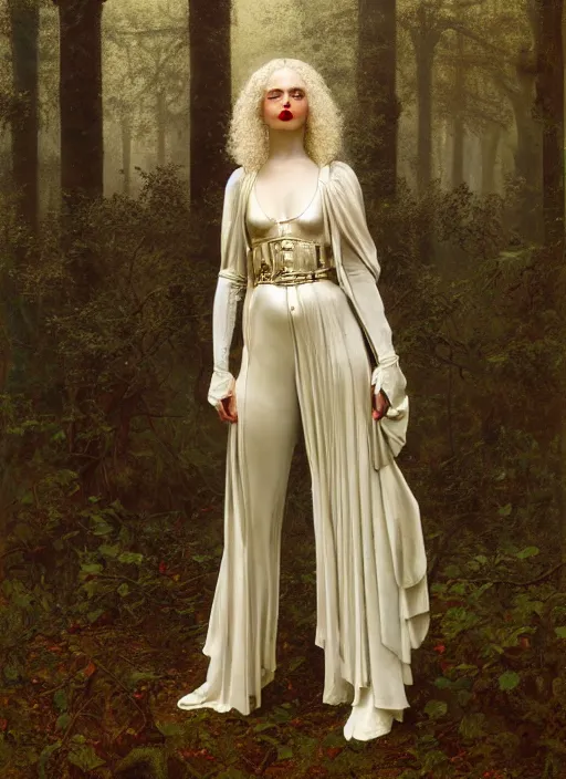 Image similar to of the ancient roman goddess of wisdom and war, with red lips, with curls of long white hair, standing in the middle of the forest and birds, in a leather jumpsuit by lee alexander mcqueen, iron armor, heels very beautiful style, photorealism, edgard maxence 8 k