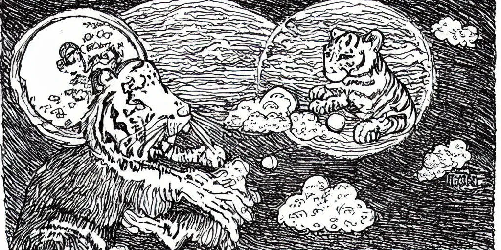 Image similar to a drawing of a man holding an egg among the clouds with a tiger growing out of its head in the style of Robert Crumb