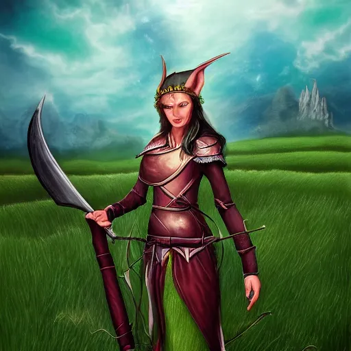 Image similar to fantasy portrait of an elf warrior with a field in the background, in the style of Josh Corpuz