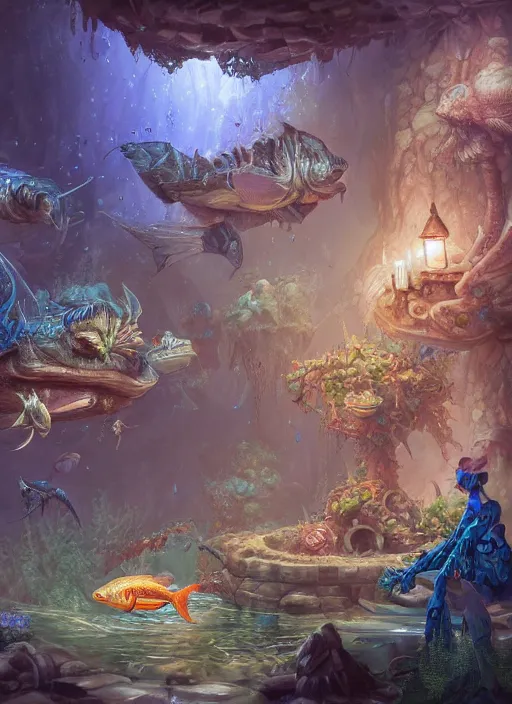 Prompt: people observing lots of beautiful fish in an underground aquarium corridor, in the style of tony sart, fantasy art, ray tracing, water droplets, highly detailed, artstation trend, highly detailed and intricate, sharp focus, photography, unreal engine 5