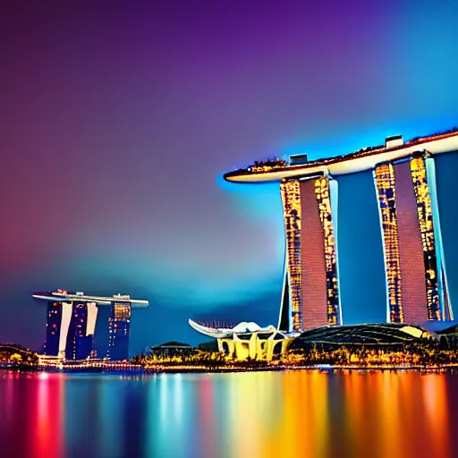 Image similar to broad brush stroke painting of the Marina Bay Sands in Singapore at dusk. By Paul Kratter, Beeple, Wayne Thiebaud, James Gurney. Digital art, CGSociety, Octane, Ultra detailed, Cinematic lighting.