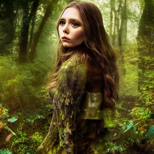 Image similar to Elizabeth Olsen, fantasy, nymph, clothed, forest, digital art