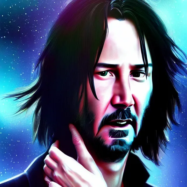 Prompt: epic professional digital art of keanu reeves, best on artstation, cgsociety, wlop, cosmic, epic, stunning, gorgeous, much detail, much wow, masterpiece