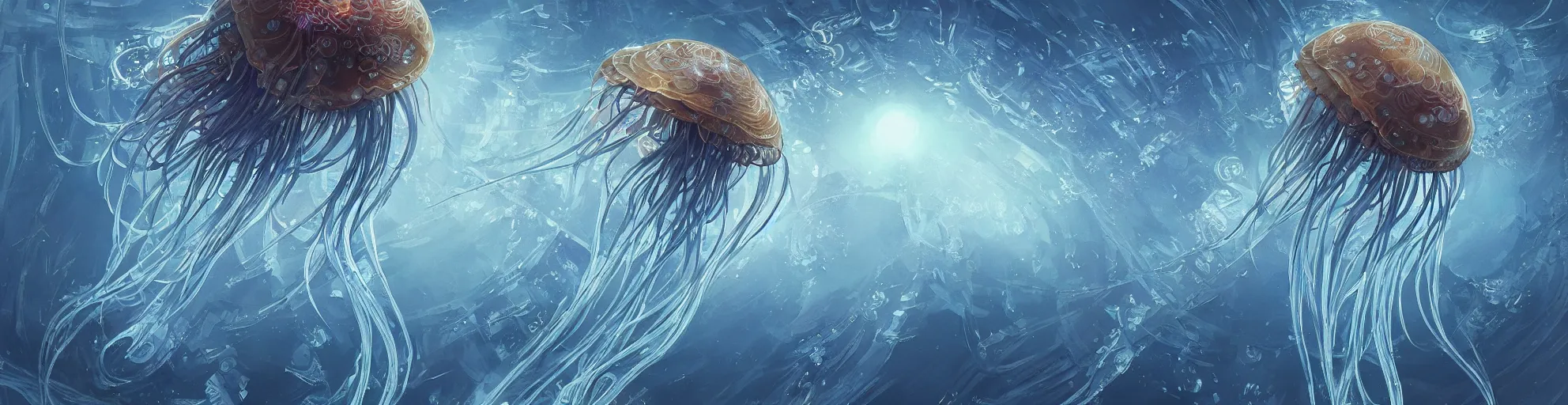 Image similar to Panorama hyper detailed painting of a cyberpunk jellyfish, blue tones, underwater, 8 mm, highly detailed, digital painting, artstation, concept art, smooth, sharp focus, illustration, art by artgerm and greg rutkowski and alphonse mucha