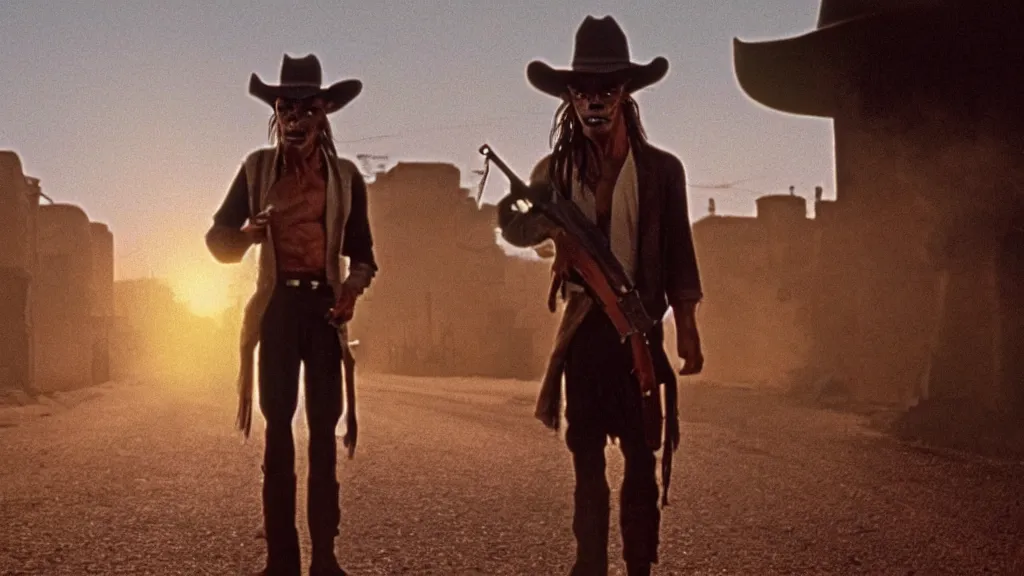 Prompt: Jar Jar Binks in a cowboy hat, holding a shotgun, standing in a dusty old western street at dusk, movie screenshot directed by Sergio Leone. Shot from a high angle. Cinematic. 24mm lens, 35mm film, Fujifilm Reala, f8