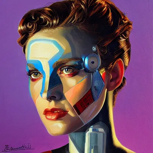 Image similar to portrait of a female android painted by Normand Rockwell and Sandra Chevrier