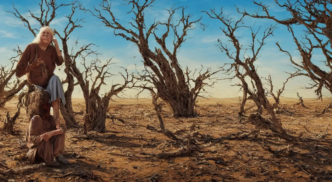 Prompt: full shot of a 65-year-old Gaia, visible tears on her face, facing the camera and sitting on a dried up river in a desolate land, dead trees, blue sky, hot and sunny, highly-detailed, elegant, dramatic lighting, artstation, 4k, cinematic landscape, photograph by Elisabeth Gadd