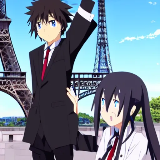 Prompt: Hikigaya Hachiman holding hands with Zero Two in front of the Eiffel Tower, anime style