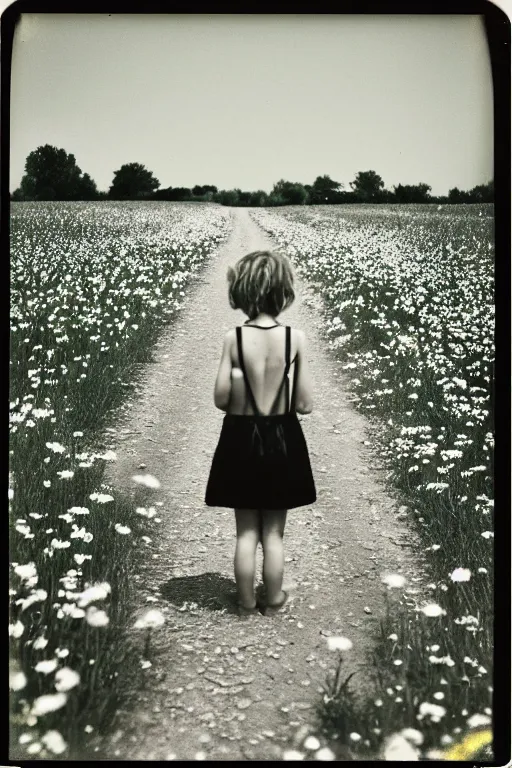 Image similar to photo polaroid of sad and lonely child in the middle of a country road with many flowers in the fields, loneliness, black and white ,photorealistic, 35mm film,