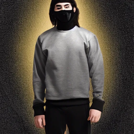 Prompt: professional digital art of a young adult man with slightly long hair wearing a black face mask and a form-fitting dark sweatshirt with dark sweatpants, high quality, HD, 8K, highly detailed, award-winning, fantasy, aloof