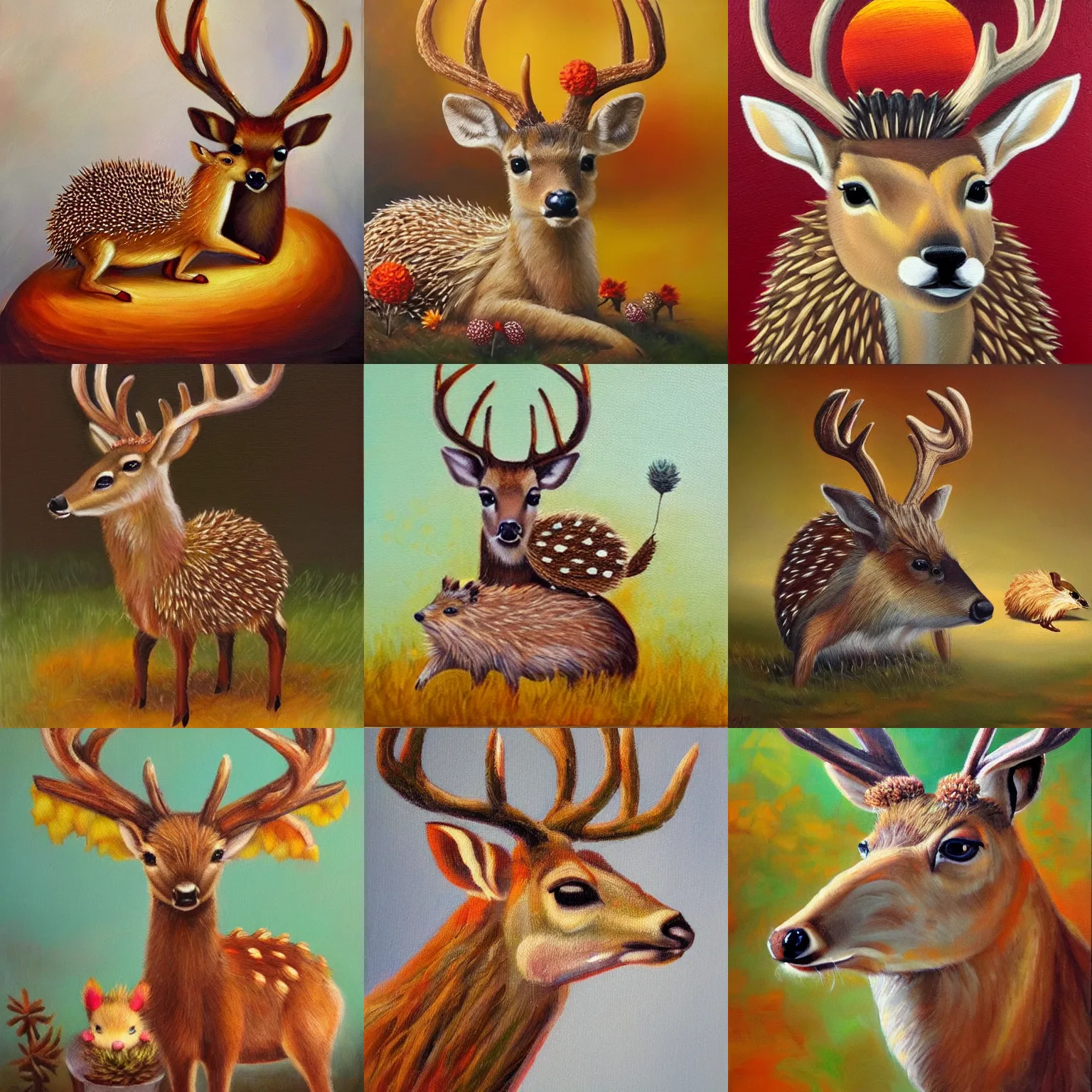 Prompt: a deer with a hedgehog sitting on its head, warm colors, cute, oil on canvas, romantic, warm, realistic