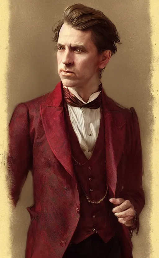 Prompt: portrait of a middle aged victorian aristocrat, dark red waistcoat, male, detailed face, victorian, highly detailed, cinematic lighting, digital art painting by greg rutkowski