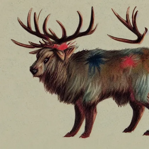 Image similar to professional vintage, detailed, colored sketch of a fuzzy creature with antlers, full descriptions, on parchment, 8K, HD