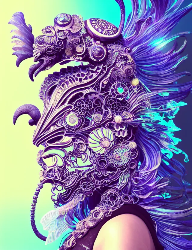 Image similar to 3 d goddess close - up profile solarpunk portrait ram skull. beautiful intricately detailed japanese crow kitsune mask and clasical japanese kimono. betta fish, jellyfish phoenix, bio luminescent, plasma, ice, water, wind, creature, artwork by tooth wu and wlop and beeple and greg rutkowski