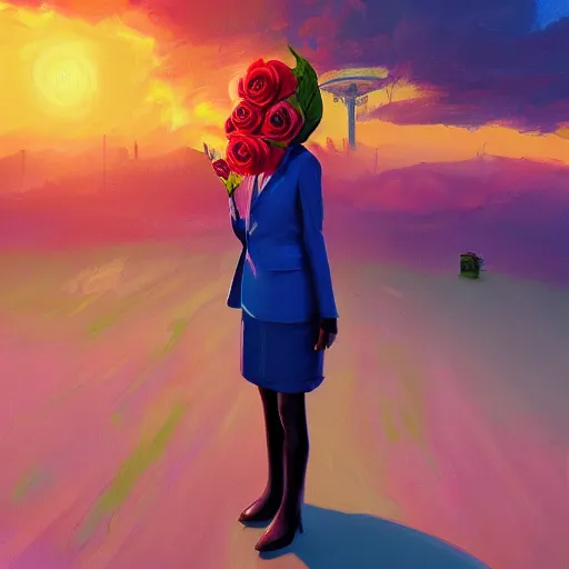 Image similar to closeup, giant rose flower face, frontal, girl in a suit, surreal photography, sunrise, blue sky, dramatic light, impressionist painting, digital painting, artstation, simon stalenhag