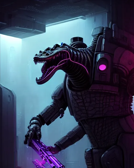 Image similar to Sci-Fi Crocodile alien, armored, big, art by Kashin, Wadim, Martinière, Stephan, holding rifle, sharp focus, pitch black cursed evil Spaceship hallway, dark light, soft purple glow, heroic pose, sci-fi artwork, octane render, dead space artwork, cyberpunk, warm light, occult, magical, volumetric lighting, 8k high definition, highly detailed, trending on art Station, centered, by Greg Rutkovski, sci-fi artwork, arnold render