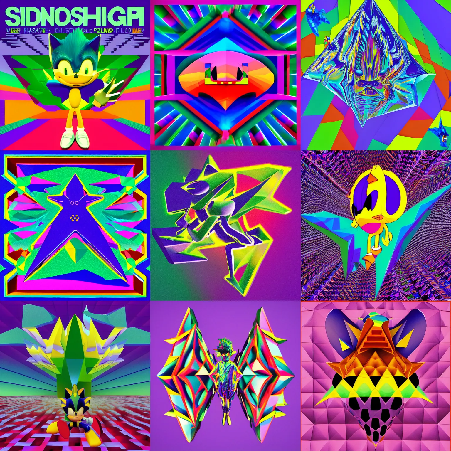 Prompt: surreal, sharp, detailed professional, high quality low poly render of MGMT album cover of a liquid dissolving LSD DMT sonic the hedgehog on a flat purple checkerboard plane, 1990s 1992 prerendered graphics phong shaded album cover