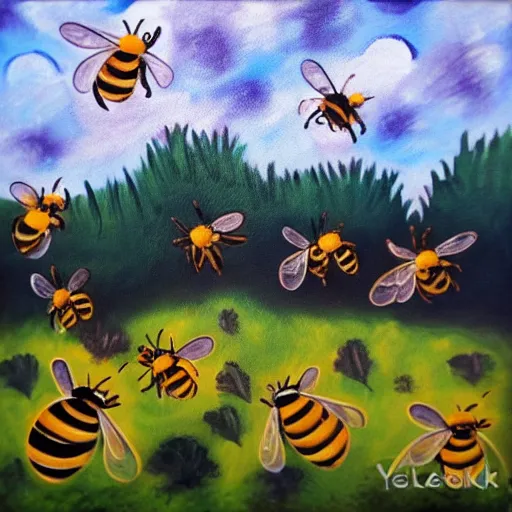 Prompt: bees flying in the woods, acrylic by yelena york