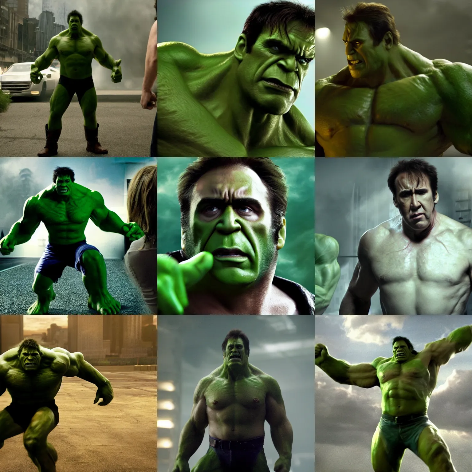 Prompt: nicolas cage as the hulk in the avengers ( 2 0 1 2 ), cinematography