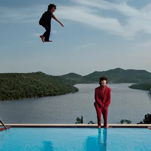 Image similar to young harry styles standing on a diving board above a pool, red weapon 8 k s 3 5, cooke anamorphic / i lenses, highly detailed, cinematic lighting