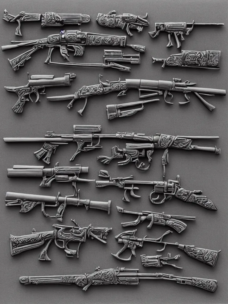 Image similar to relief sculpture carving in black cast iron steel of machine guns shotguns rifles revolvers bullets,dark contrast, dynamic lighting, ultrarealistic, intricate details, 4k